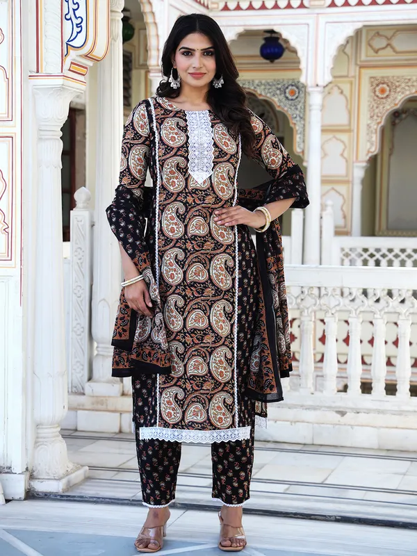 Black_Paisley_Printed_Embroidered_Pure_Cotton_Kurta_With_Trouser_And_Dupatta_For_Women