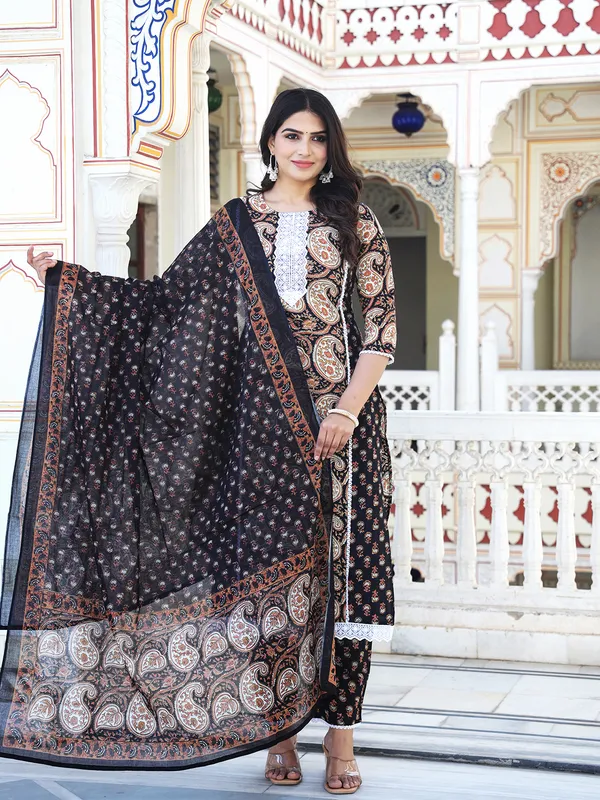 Black_Paisley_Printed_Embroidered_Pure_Cotton_Kurta_With_Trouser_And_Dupatta_For_Women