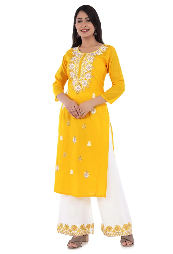 Mustard_Floral_Embroidery_Zari_Straight_Kurta_With_Palazzo_For_Women
