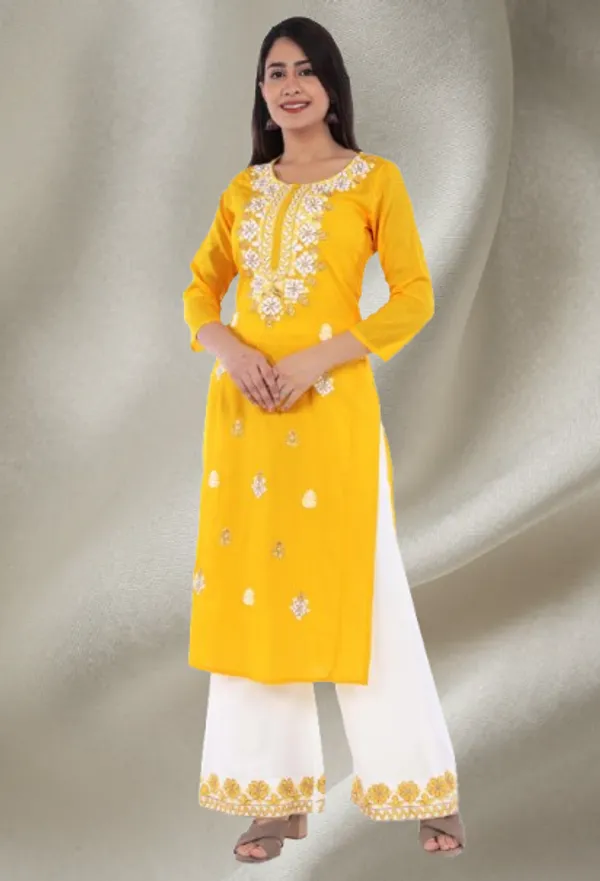 Mustard_Floral_Embroidery_Zari_Straight_Kurta_With_Palazzo_For_Women