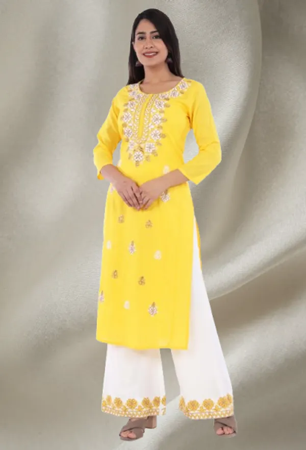 Yellow_Floral_Embroidered_Regular_Kurta_With_Palazzos_For_Women