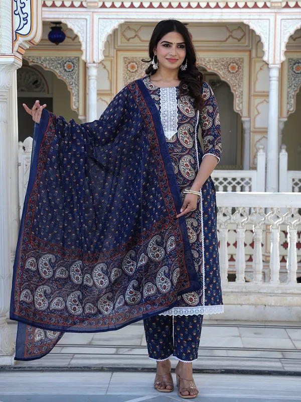 Navy_Blue_Paisley_Printed_Embroidered_Pure_Cotton_Kurta_With_Trouser_And_Dupatta_For_Women