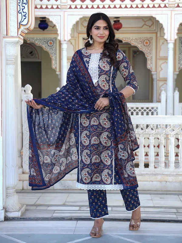 Navy_Blue_Paisley_Printed_Embroidered_Pure_Cotton_Kurta_With_Trouser_And_Dupatta_For_Women