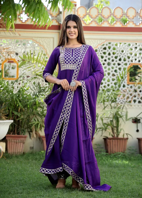 Purple_Yoke_Design_Regular_Sequinned_Kurta_With_Trousers_&_With_Dupatta_For_Women