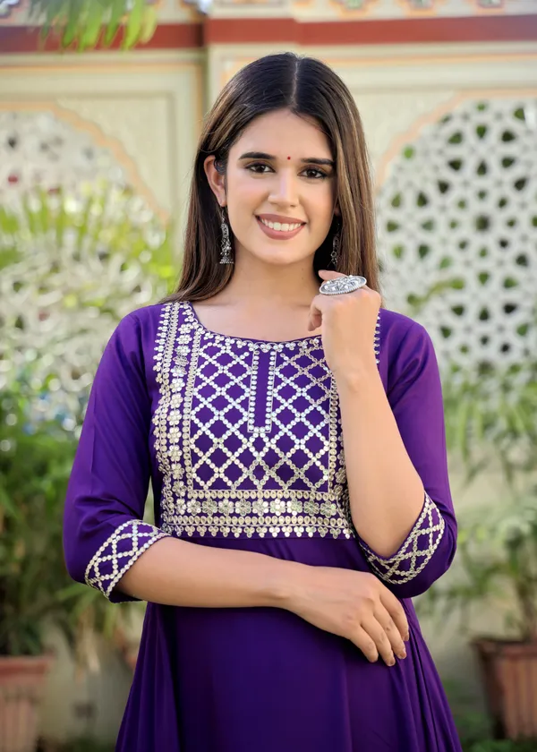 Purple_Yoke_Design_Regular_Sequinned_Kurta_With_Trousers_&_With_Dupatta_For_Women