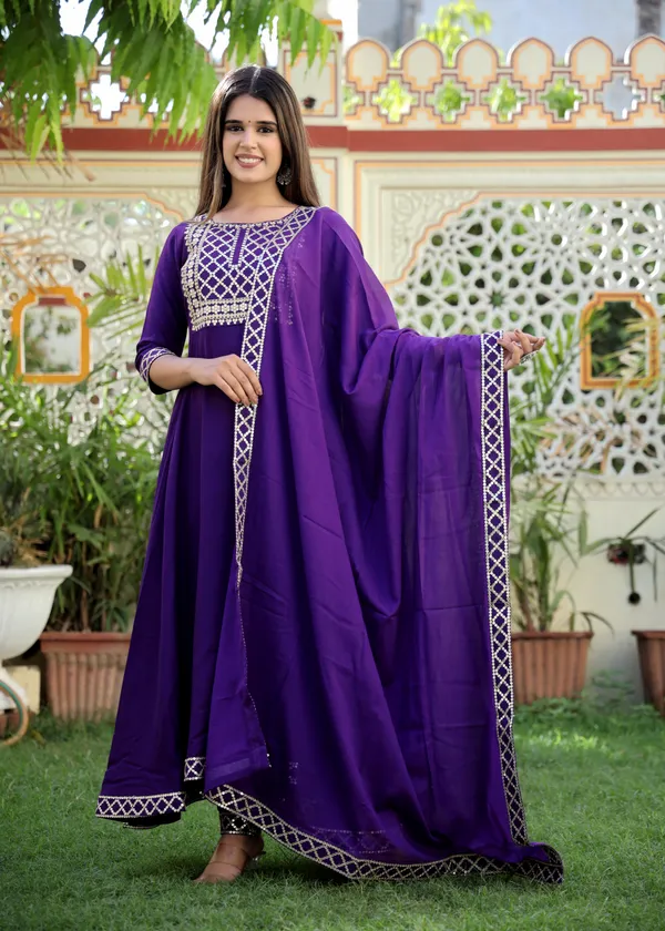Purple_Yoke_Design_Regular_Sequinned_Kurta_With_Trousers_&_With_Dupatta_For_Women