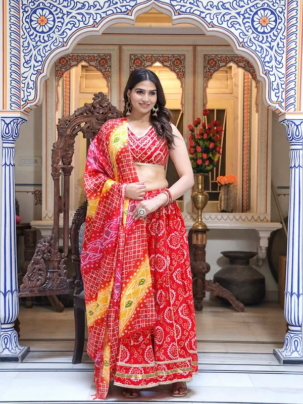 Red_And_Yellow_Bandhani_Design_Lehenga_Choli_For_Women