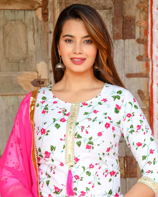 White_Floral_Printed_Round_Neck_Gotta_Patti_Pure_Cotton_Kurta_With_Skirt_&_Dupatta_For_Women