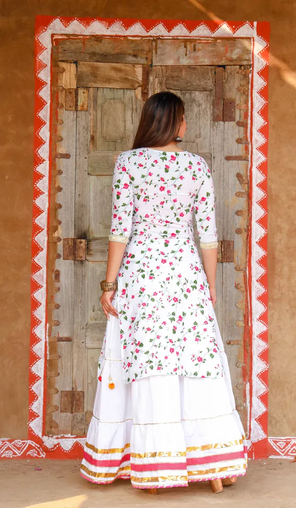White_Floral_Printed_Round_Neck_Gotta_Patti_Pure_Cotton_Kurta_With_Skirt_&_Dupatta_For_Women