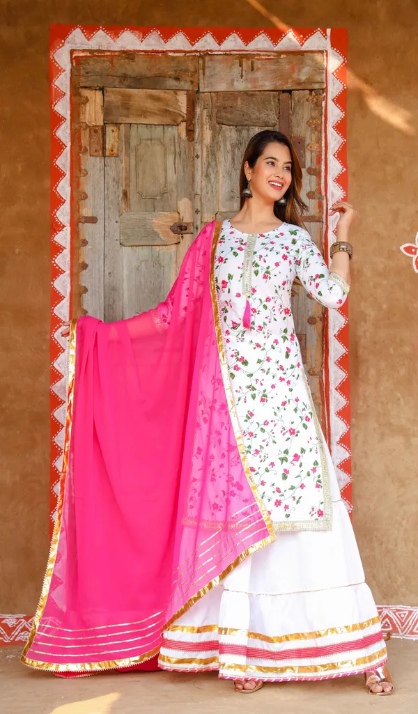 White_Floral_Printed_Round_Neck_Gotta_Patti_Pure_Cotton_Kurta_With_Skirt_&_Dupatta_For_Women