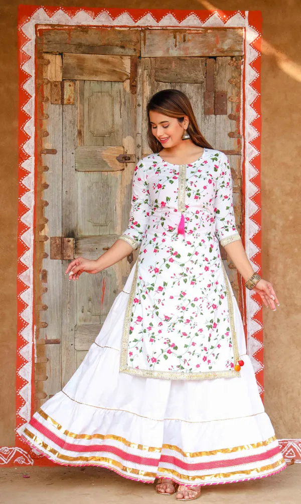White_Floral_Printed_Round_Neck_Gotta_Patti_Pure_Cotton_Kurta_With_Skirt_&_Dupatta_For_Women