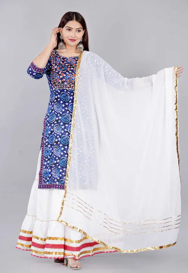 Turquoise_Bandhani_Printed_Round_Neck_Gota_Patti_Kurta_With_Skirt_&_Dupatta_For_Women