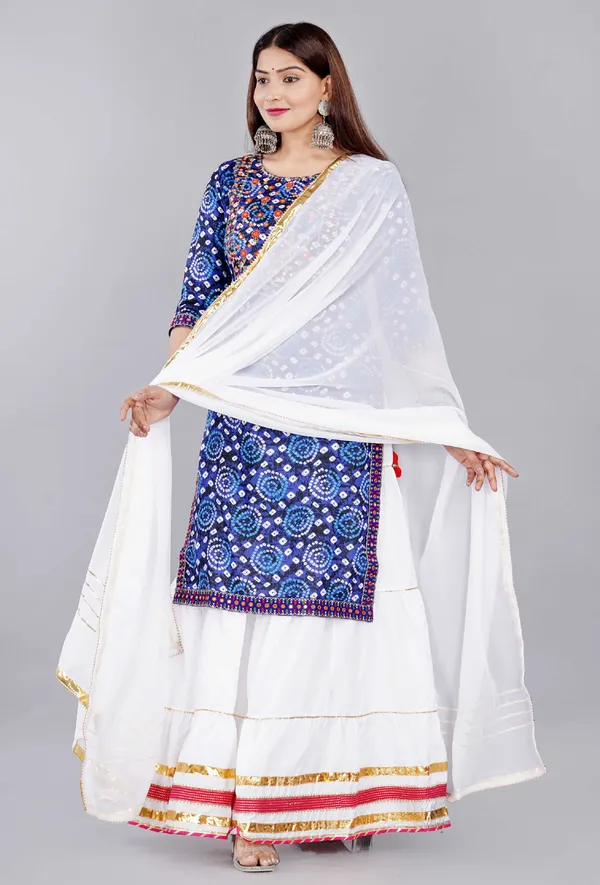 Turquoise_Bandhani_Printed_Round_Neck_Gota_Patti_Kurta_With_Skirt_&_Dupatta_For_Women