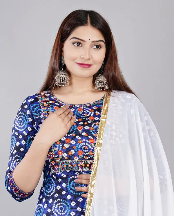 Turquoise_Bandhani_Printed_Round_Neck_Gota_Patti_Kurta_With_Skirt_&_Dupatta_For_Women