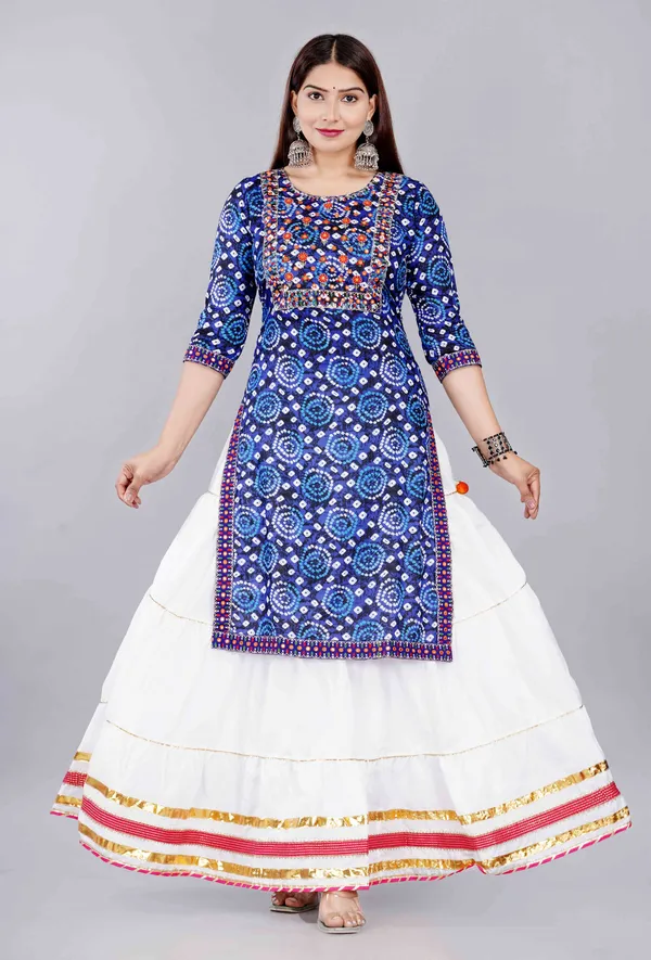 Turquoise_Bandhani_Printed_Round_Neck_Gota_Patti_Kurta_With_Skirt_&_Dupatta_For_Women