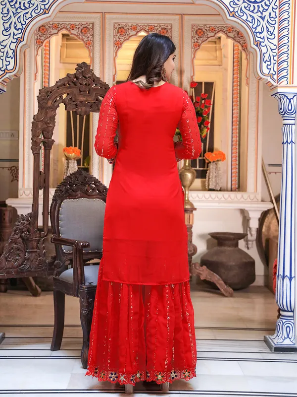 Red_Sequin_Embroidered_Georgette_Kurta_With_Sharara_&_Dupatta_For_Women
