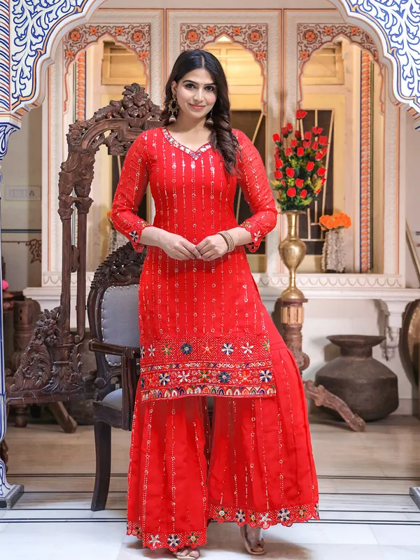 Red_Sequin_Embroidered_Georgette_Kurta_With_Sharara_&_Dupatta_For_Women