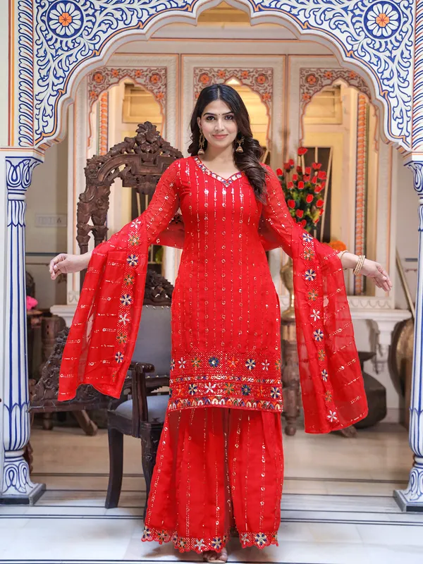 Red_Sequin_Embroidered_Georgette_Kurta_With_Sharara_&_Dupatta_For_Women