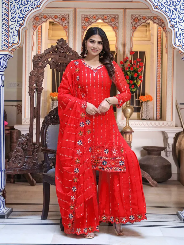Red_Sequin_Embroidered_Georgette_Kurta_With_Sharara_&_Dupatta_For_Women