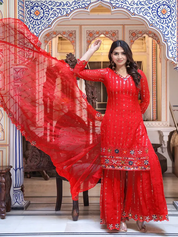Red_Sequin_Embroidered_Georgette_Kurta_With_Sharara_&_Dupatta_For_Women