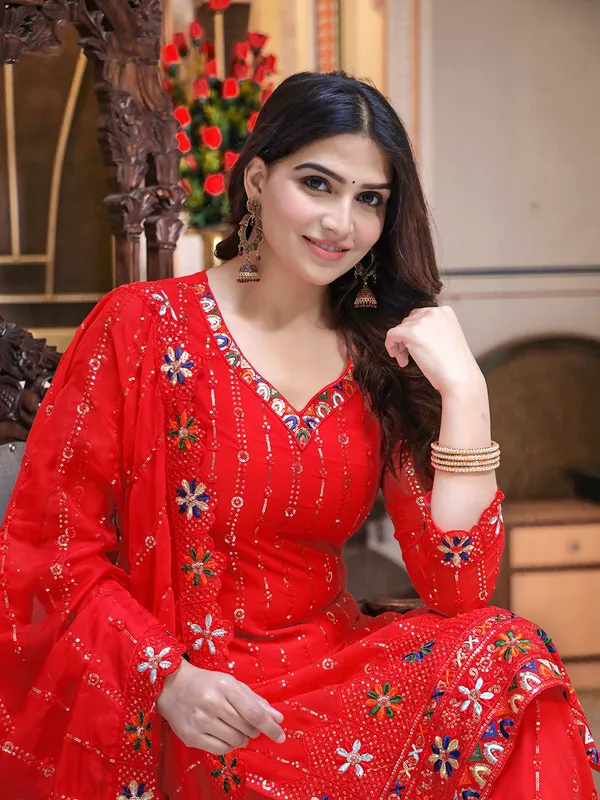 Red_Sequin_Embroidered_Georgette_Kurta_With_Sharara_&_Dupatta_For_Women