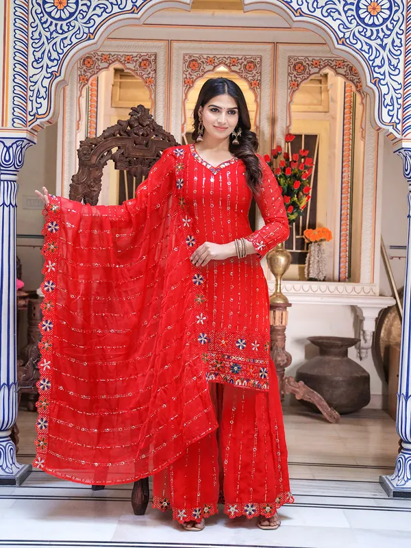 Red_Sequin_Embroidered_Georgette_Kurta_With_Sharara_&_Dupatta_For_Women