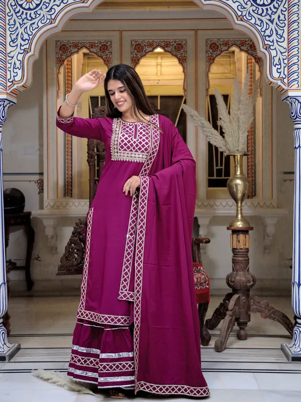 Wine_Yoke_Design_Regular_Sequinned_Kurta_With_Skirt_&_With_Dupatta_For_Women
