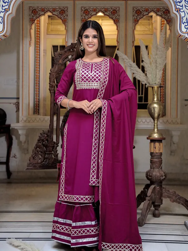 Wine_Yoke_Design_Regular_Sequinned_Kurta_With_Skirt_&_With_Dupatta_For_Women
