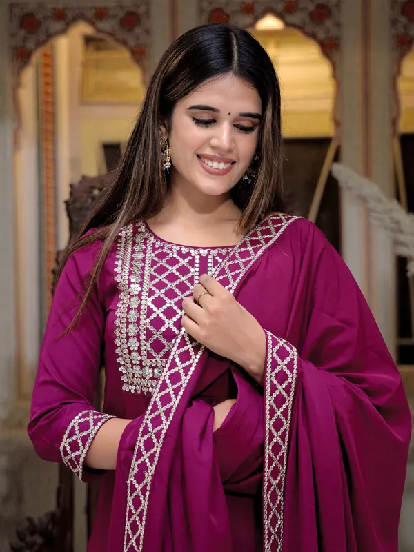 Wine_Yoke_Design_Regular_Sequinned_Kurta_With_Skirt_&_With_Dupatta_For_Women