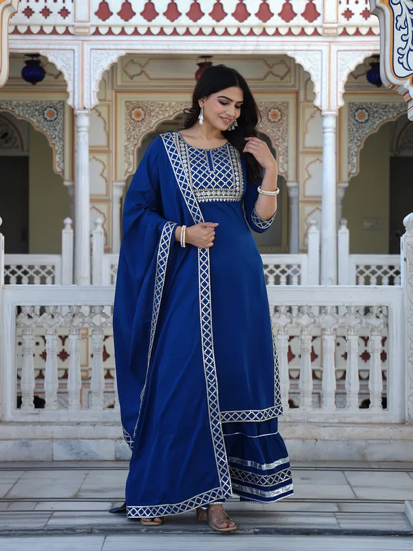 Teal_Blue_Embroidered_Regular_Sequinned_Kurta_With_Skirt_&_With_Dupatta_For_Women