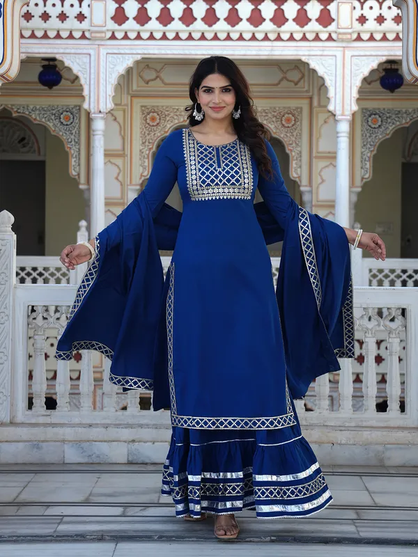 Teal_Blue_Embroidered_Regular_Sequinned_Kurta_With_Skirt_&_With_Dupatta_For_Women
