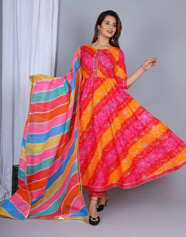 Pink_Bandhani_Printed_Gotta_Patti_Pure_Cotton_Kurta_With_Trousers_&_Dupatta_For_Women