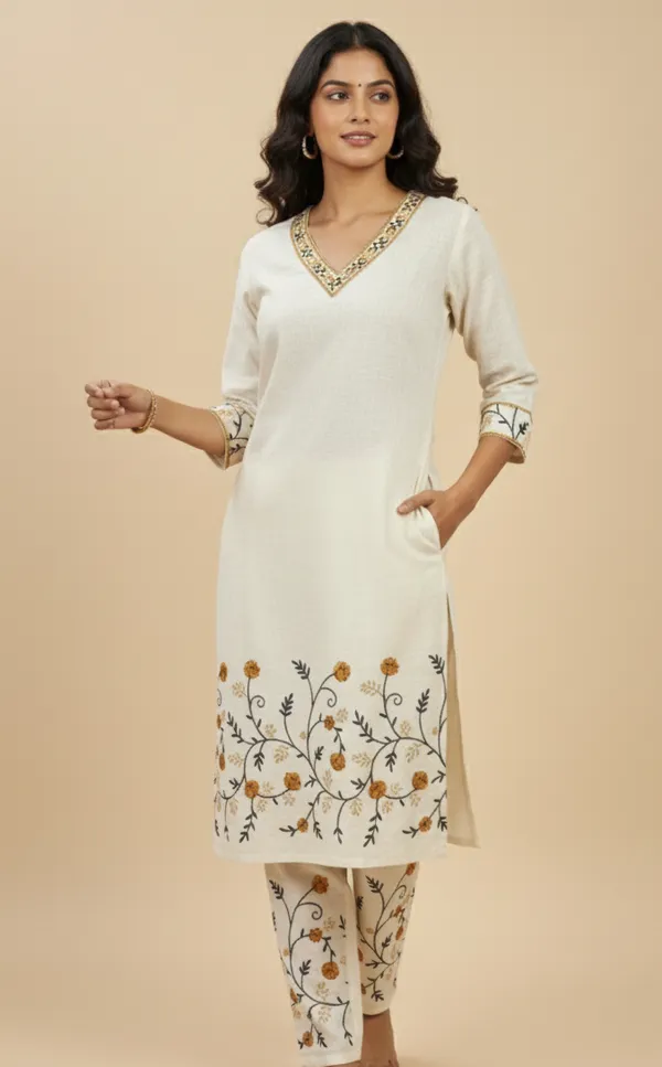 Cream_Embroidered_Co-Ord_Set_|_Cotton_Kurta_With_Pants
