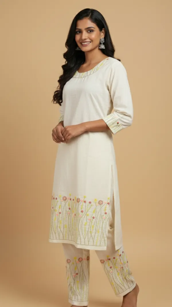 Cream_Embroidered_Co-Ord_Set_|_Cotton_Kurta_With_Pants