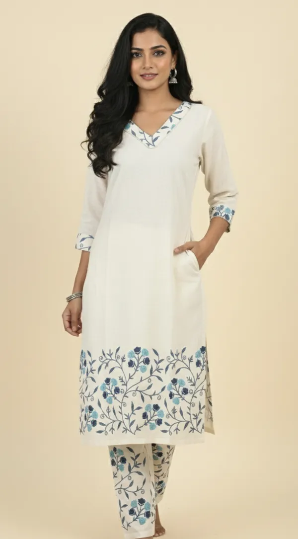 Cream_Embroidered_Co-Ord_Set_|_Cotton_Kurta_With_Pants