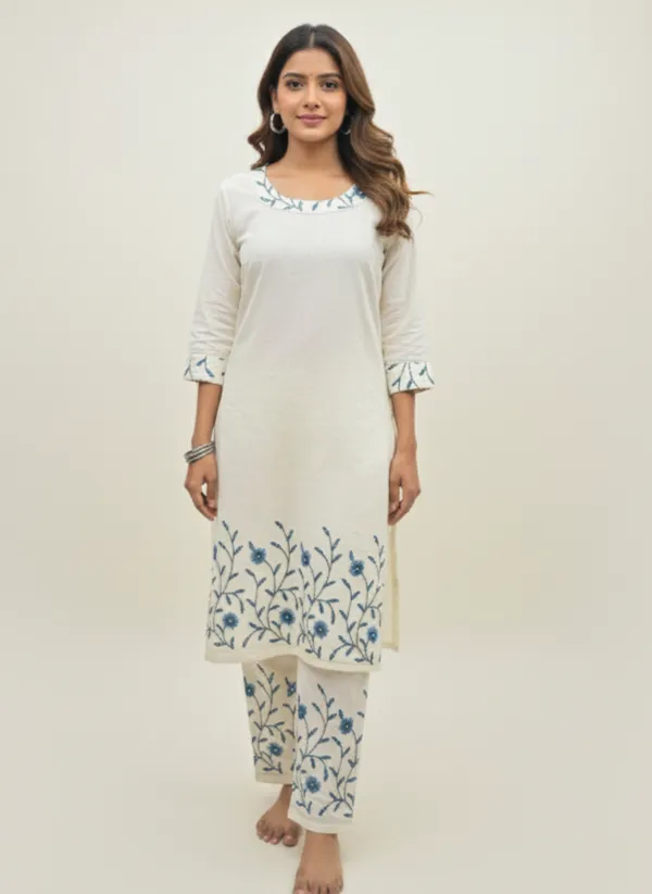 Cream_Embroidered_Co-Ord_Set_|_Cotton_Kurta_With_Pants