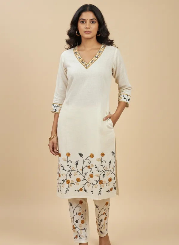 Cream_Embroidered_Co-Ord_Set_|_Cotton_Kurta_With_Pants