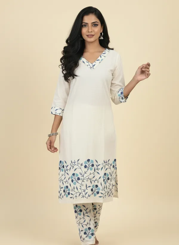 Cream_Embroidered_Co-Ord_Set_|_Cotton_Kurta_With_Pants