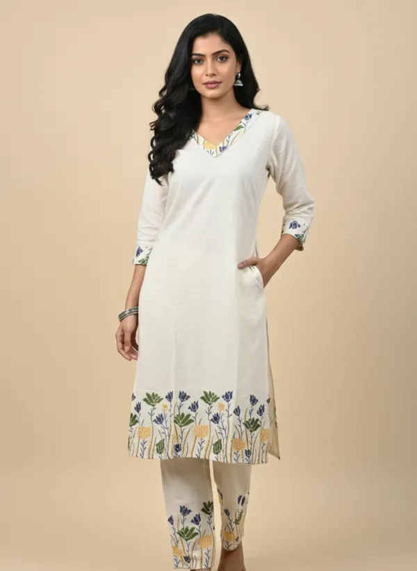 Cream_Embroidered_Co-Ord_Set_|_Cotton_Kurta_With_Pants