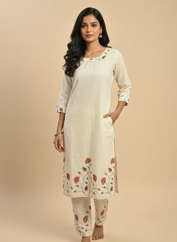 Cream_Embroidered_Co-Ord_Set_|_Cotton_Kurta_With_Pants