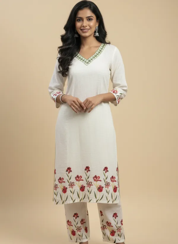 Cream_Embroidered_Co-Ord_Set_|_Cotton_Kurta_With_Pants