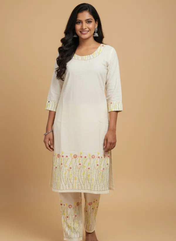 Cream_Embroidered_Co-Ord_Set_|_Cotton_Kurta_With_Pants