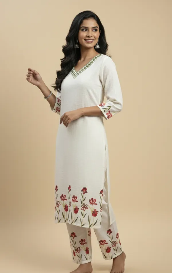Cream_Embroidered_Co-Ord_Set_|_Cotton_Kurta_With_Pants
