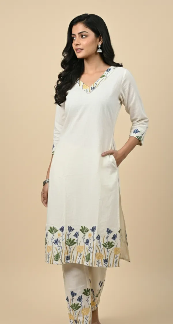 Cream_Embroidered_Co-Ord_Set_|_Cotton_Kurta_With_Pants