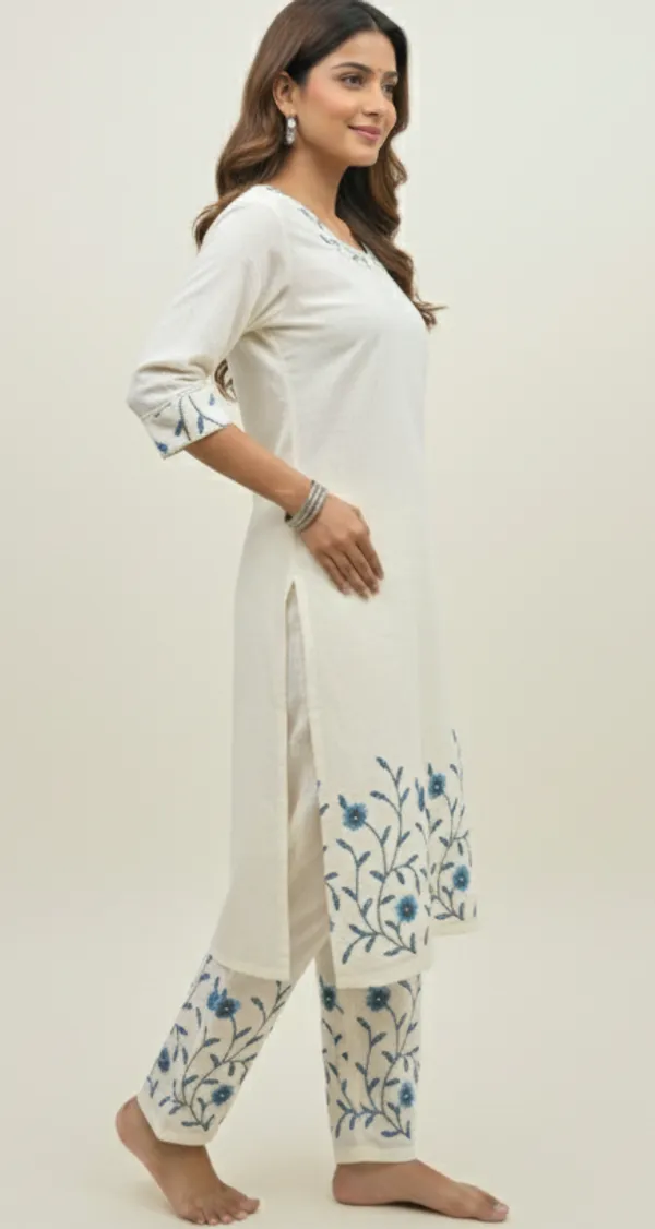 Cream_Embroidered_Co-Ord_Set_|_Cotton_Kurta_With_Pants