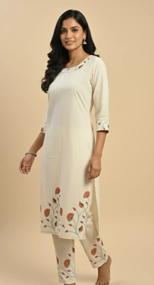 Cream_Embroidered_Co-Ord_Set_|_Cotton_Kurta_With_Pants