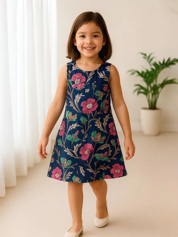 Blue_Floral_Garden_A-Line_Dress-Top_For_Girls