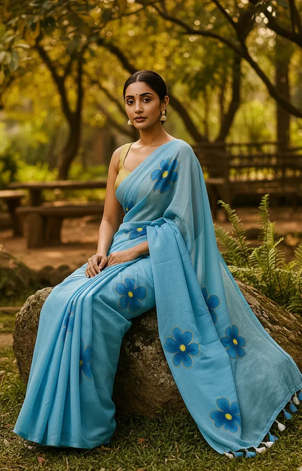 Light_Blue_Bloom_Hand-Painted_Mull_Cotton_Saree_For_Women
