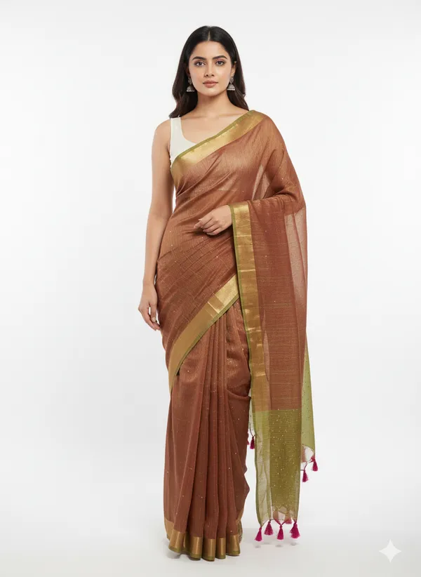 Copper_Brown_With_Olive-Golden_Pallu_Handwoven_Linen_Saree_For_Women