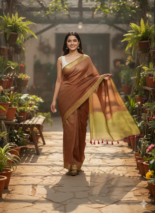 Copper_Brown_With_Olive-Golden_Pallu_Handwoven_Linen_Saree_For_Women